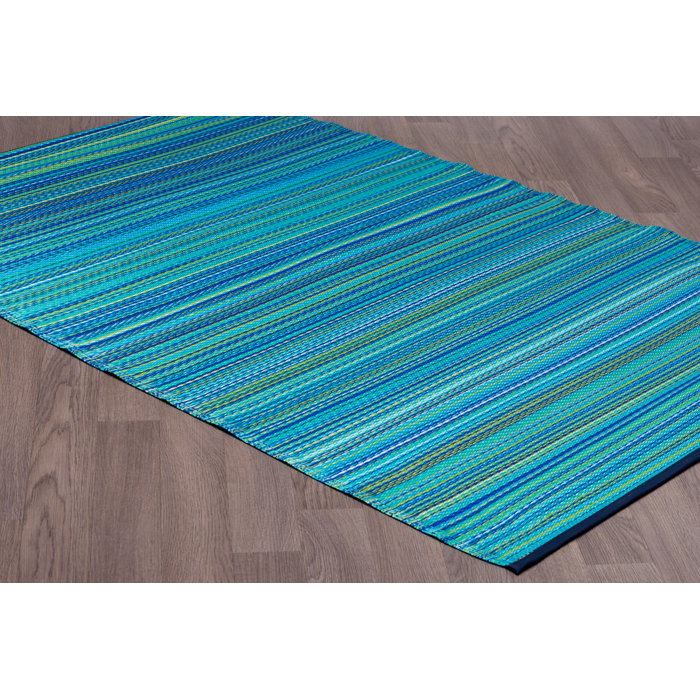 Union Rustic 4' X 6' Indoor Outdoor Blue Stripes Reversible Plastic Rug